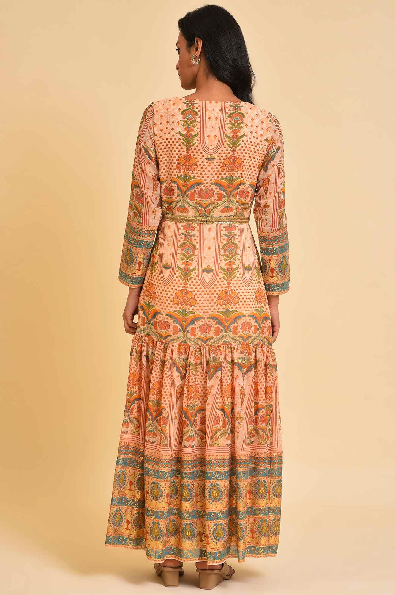 Beige Printed Tiered Dress With Embroidery - wforwoman