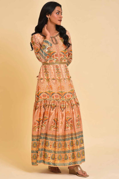 Beige Printed Tiered Dress With Embroidery - wforwoman