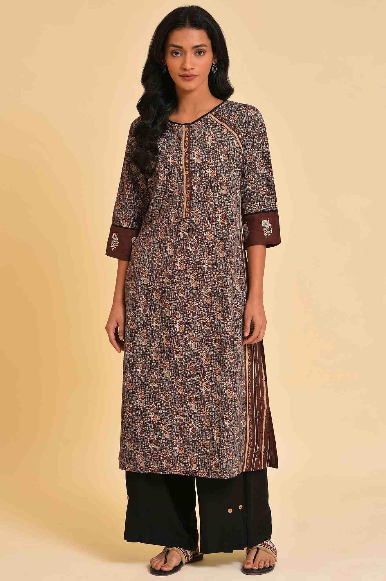 Brown Print Mix Plus Size Straight kurta - wforwoman