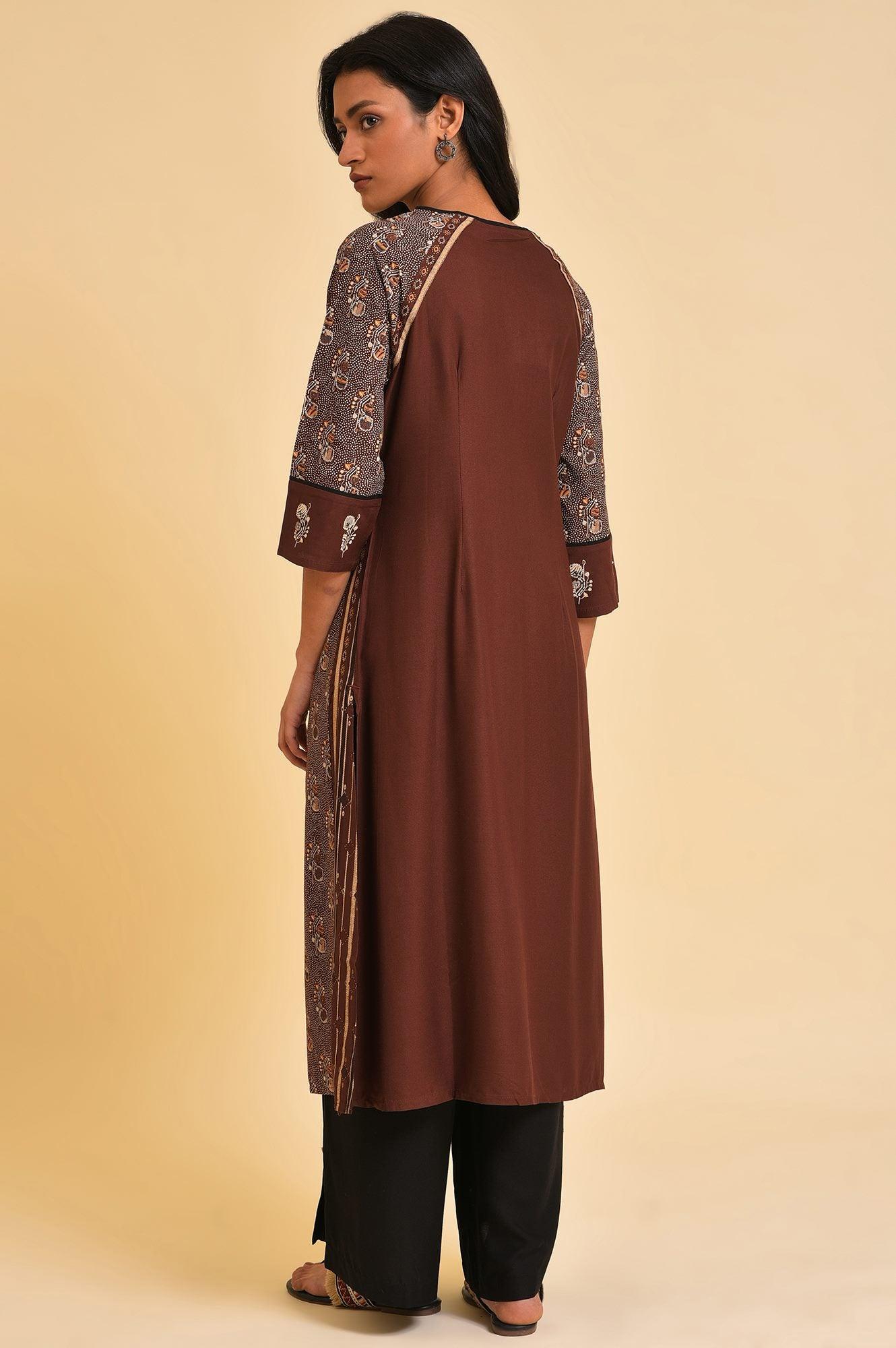 Brown Print Mix Plus Size Straight kurta - wforwoman