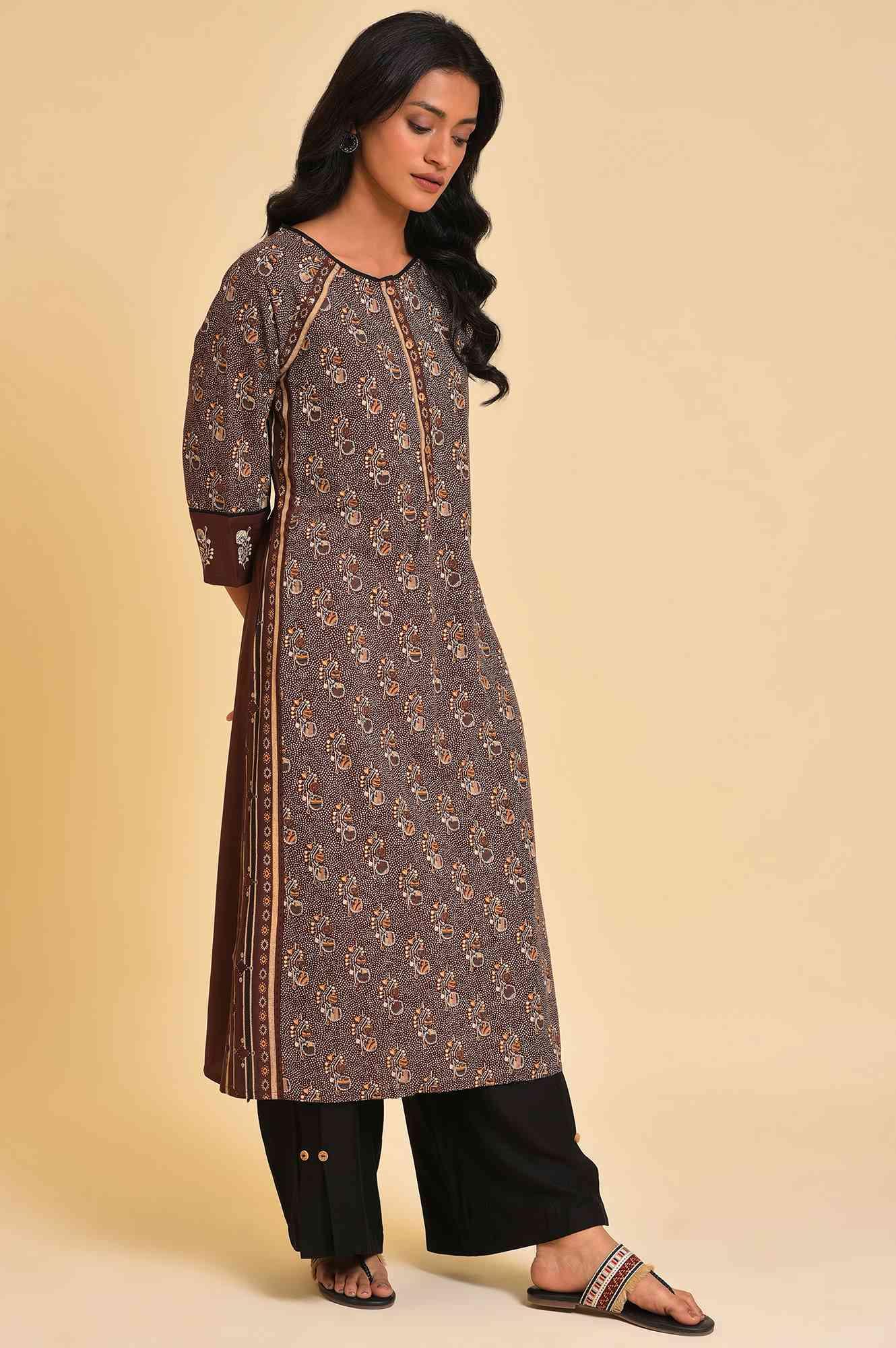 Brown Print Mix Plus Size Straight kurta - wforwoman