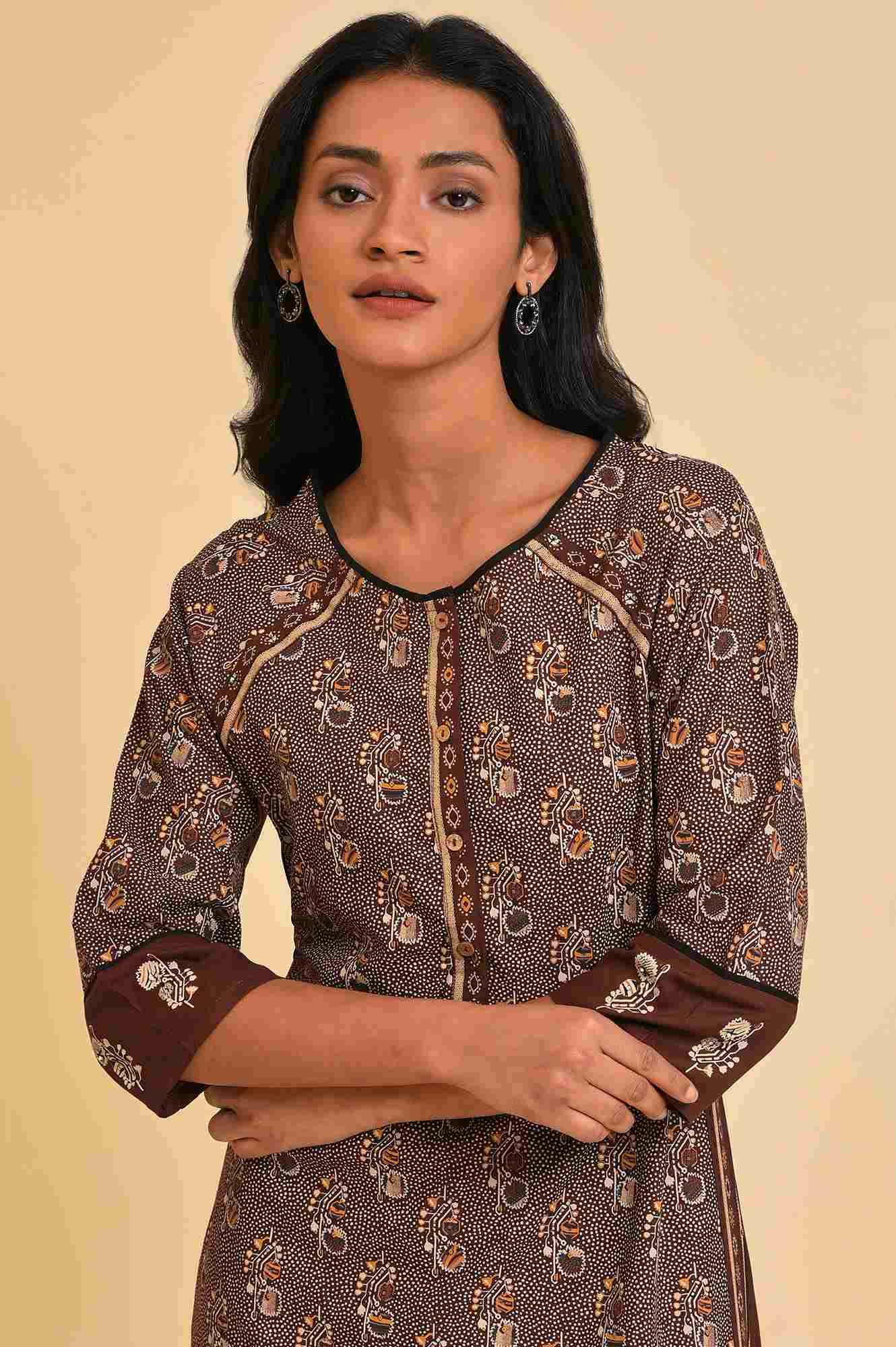 Brown Print Mix Plus Size Straight kurta - wforwoman