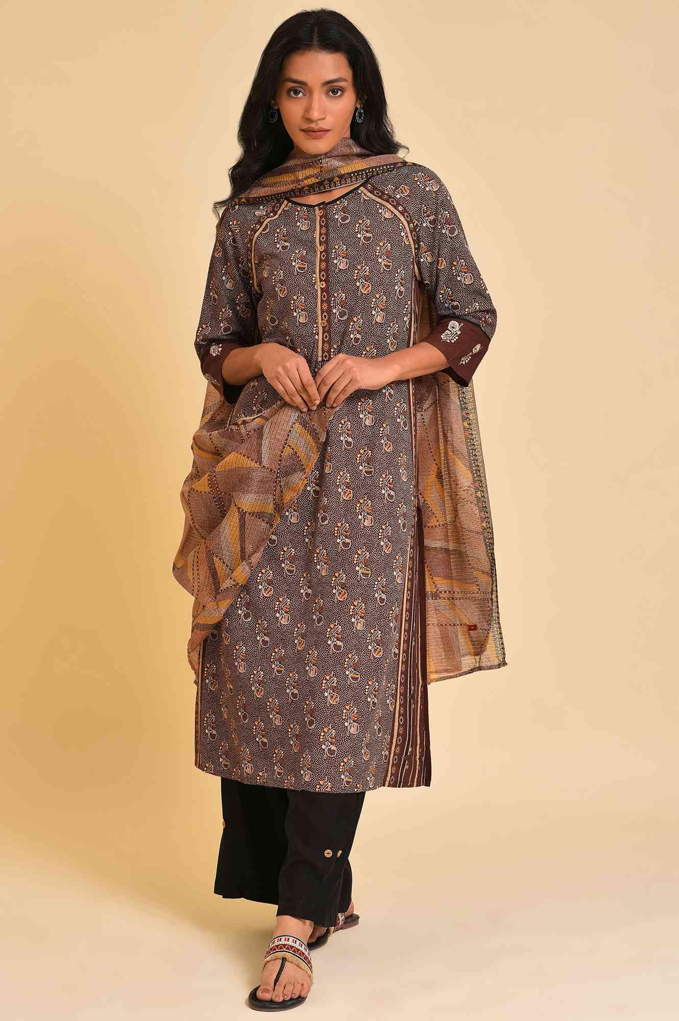 Brown Print Mix Plus Size Straight kurta - wforwoman