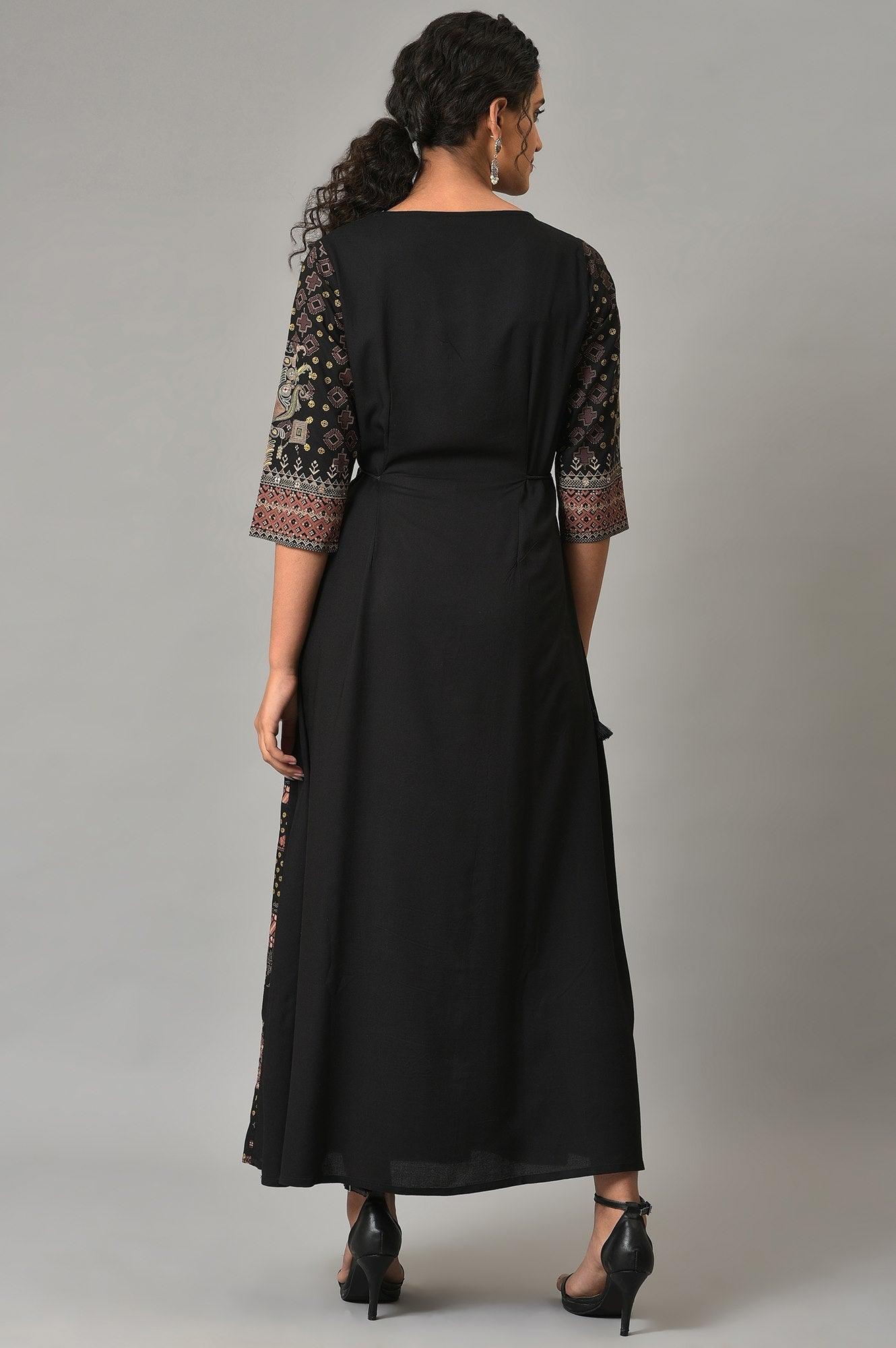 Black Printed Long Dress With Embellished Yoke - wforwoman
