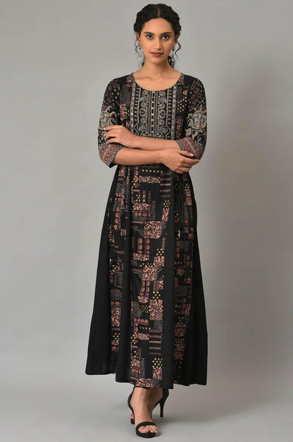 Black Printed Long Dress With Embellished Yoke - wforwoman