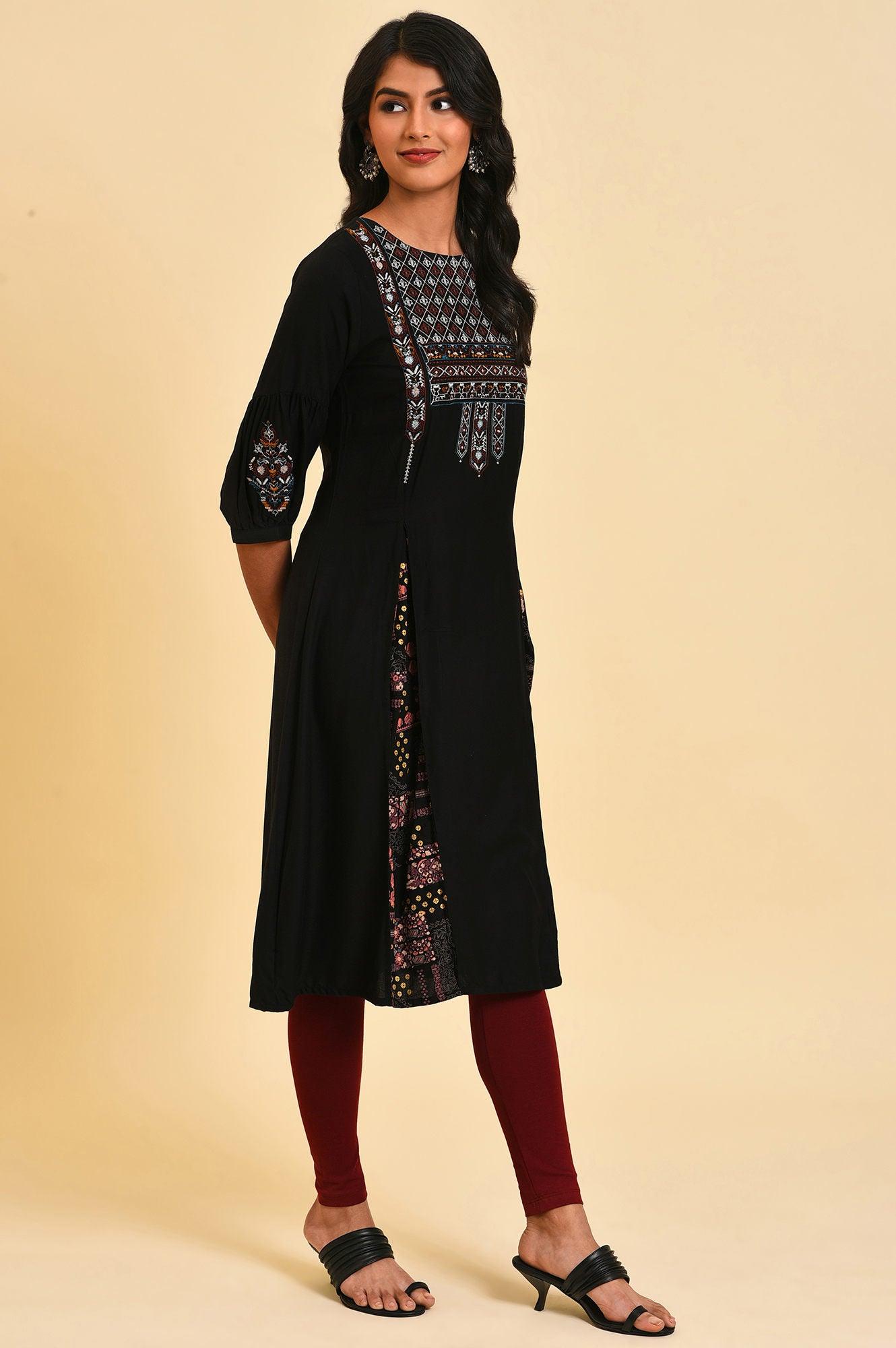 Black Godget Plus Size Tunic with Multi-coloured Embroidery - wforwoman