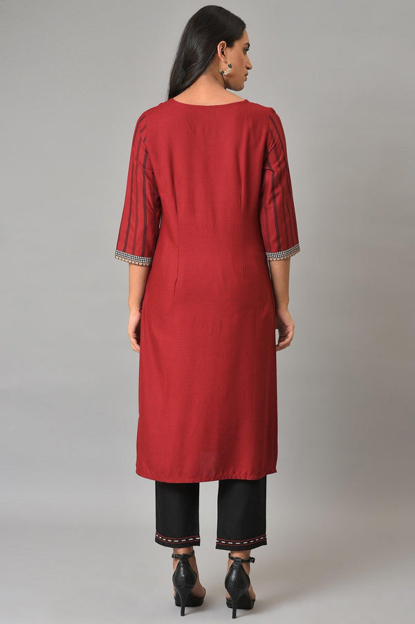 Red Stripe kurta With Embellished Yoke