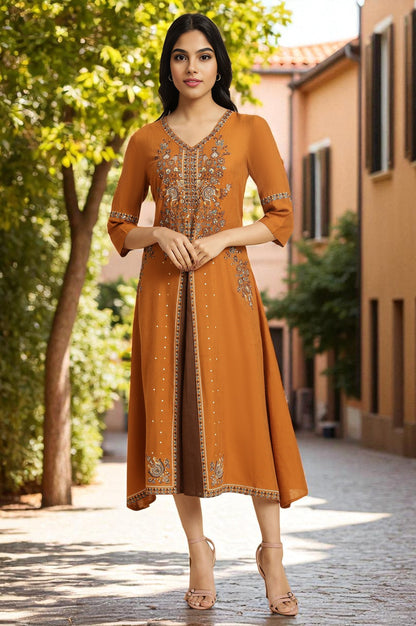 Dark Yellow Printed Godget Dress