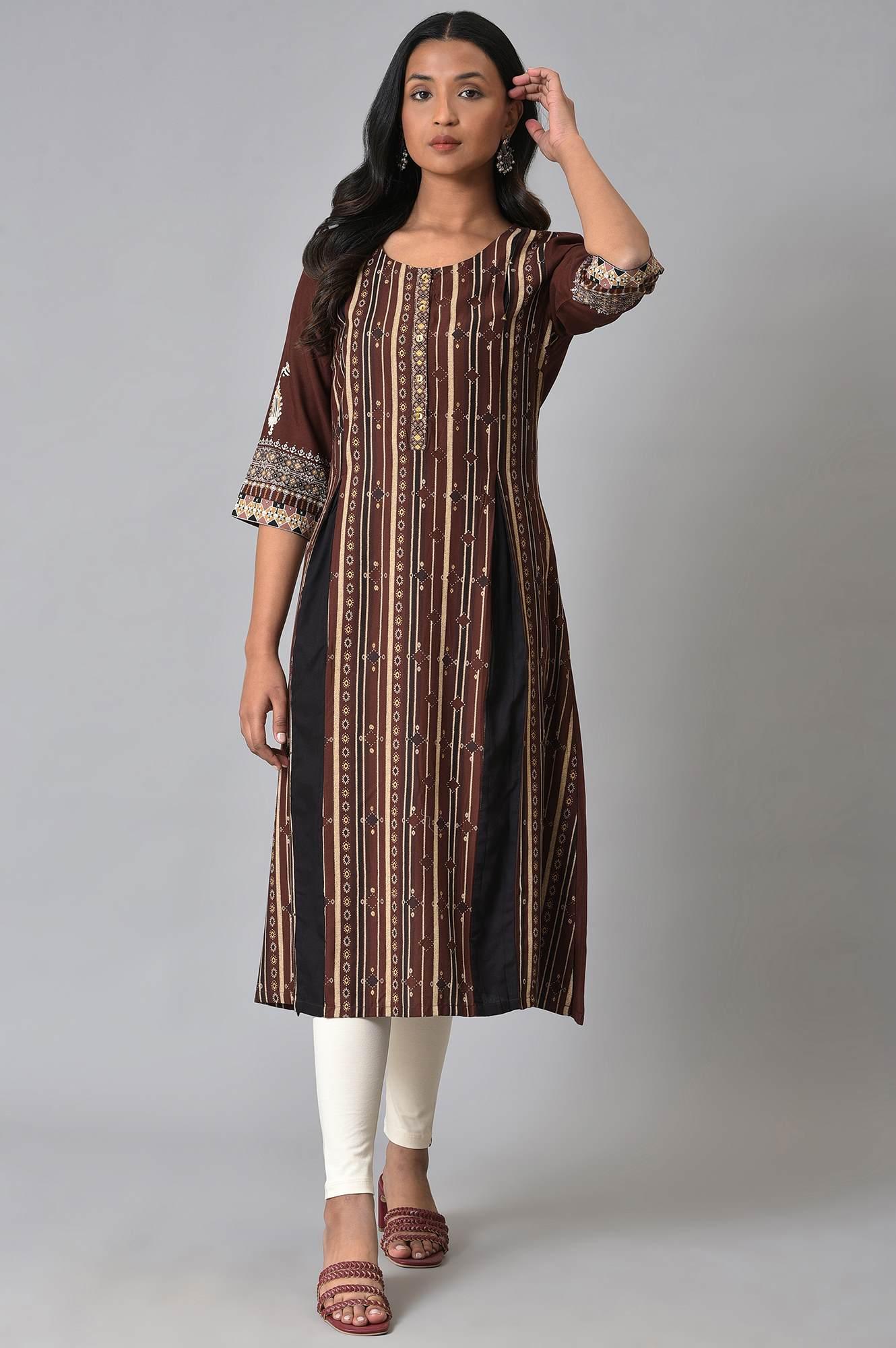 Brown Stripe Printed kurta With Box Pleats - wforwoman