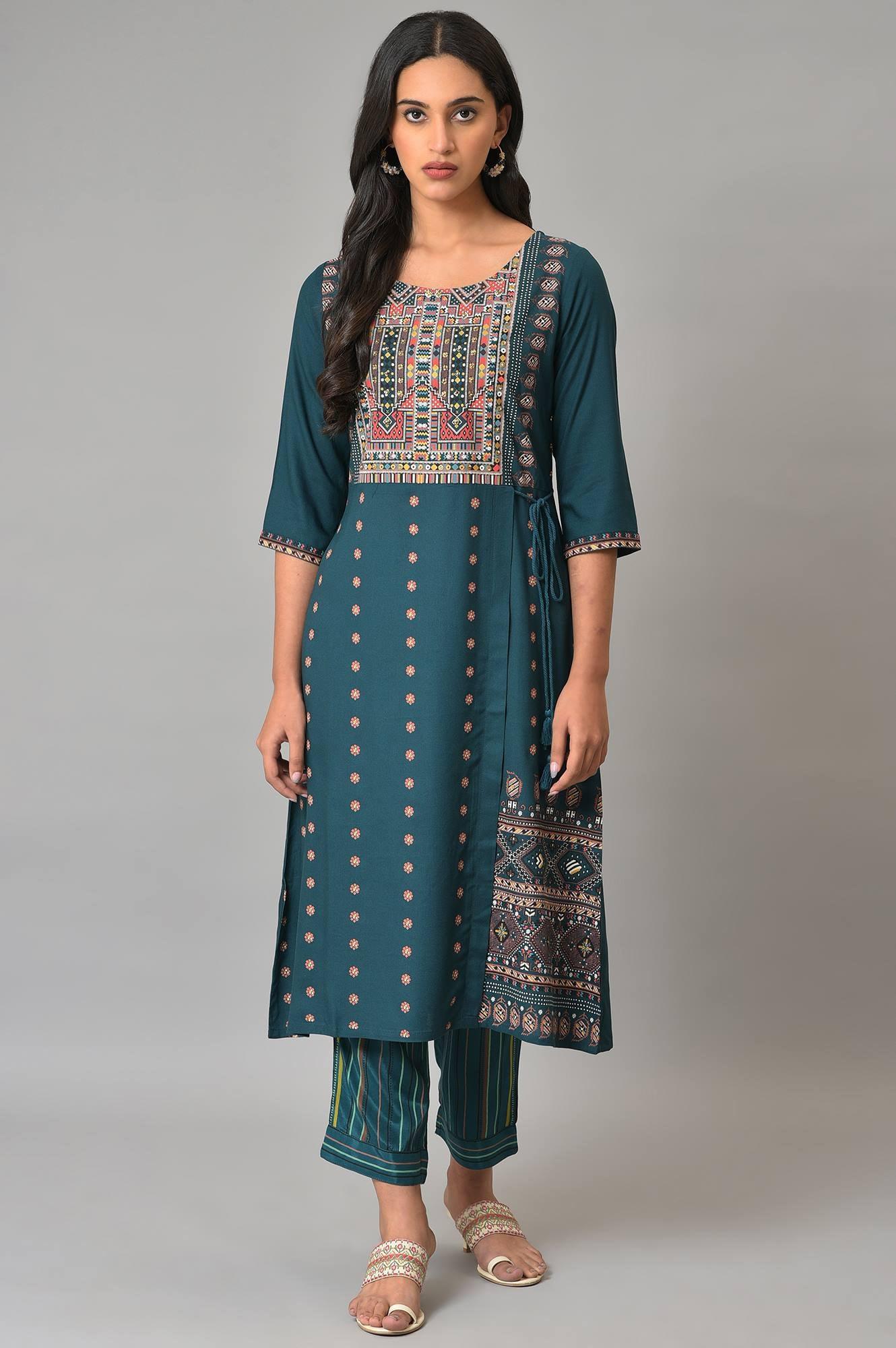 Teal Printed A-Line Mock Layer Plus Size kurta - wforwoman