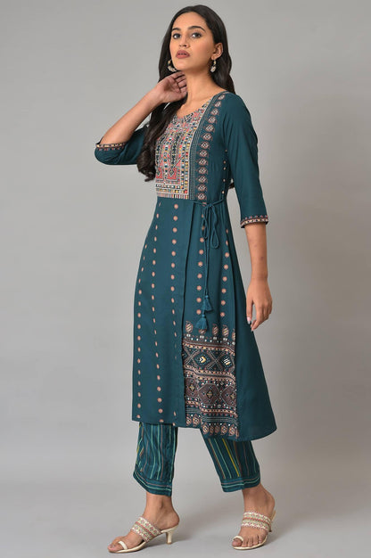 Teal Printed A-Line Mock Layer Plus Size kurta - wforwoman