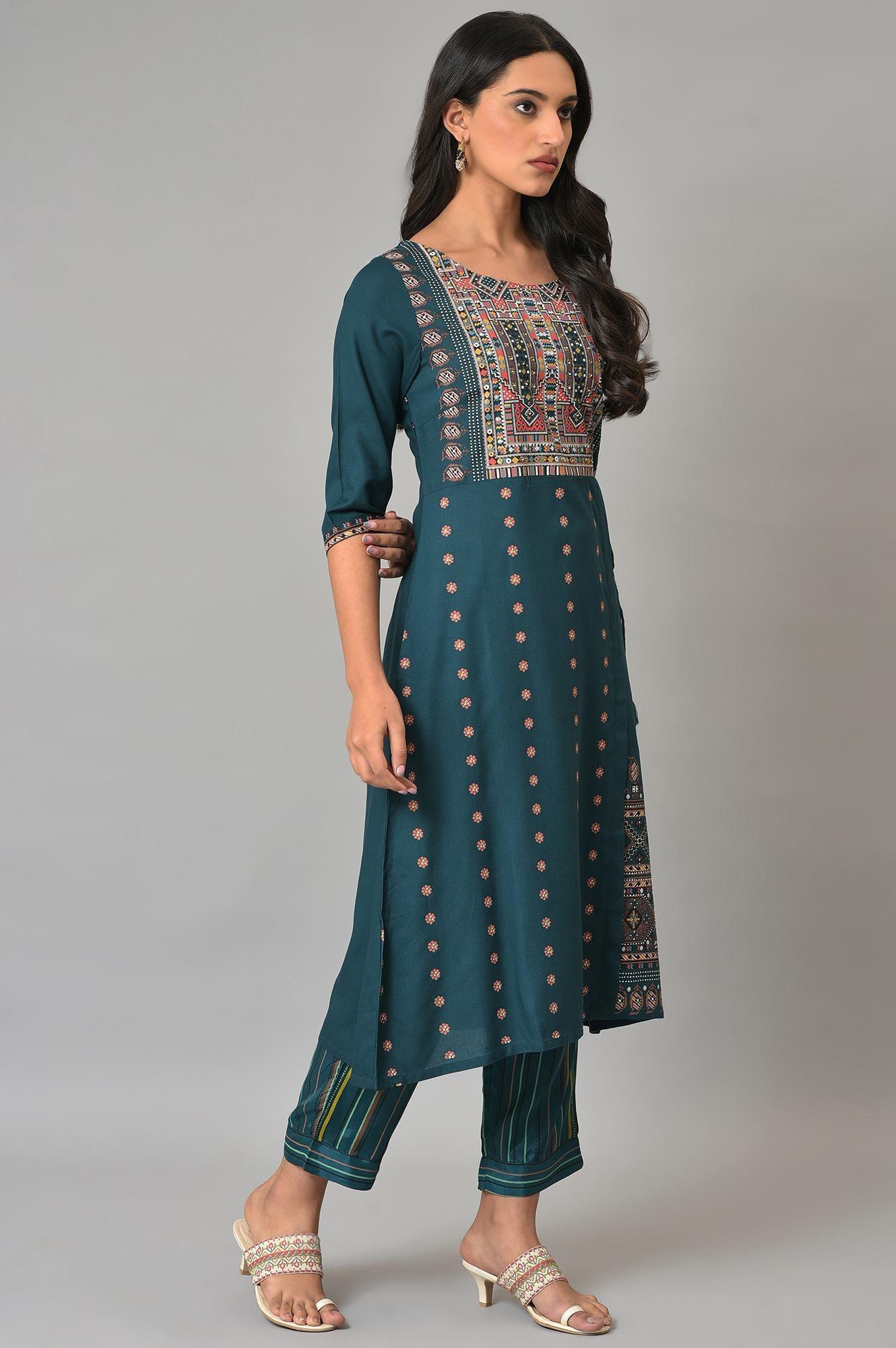 Teal Printed A-Line Mock Layer Plus Size kurta - wforwoman