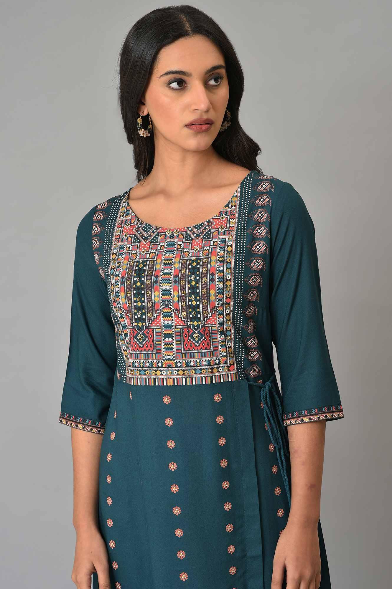 Teal Printed A-Line Mock Layer Plus Size kurta - wforwoman