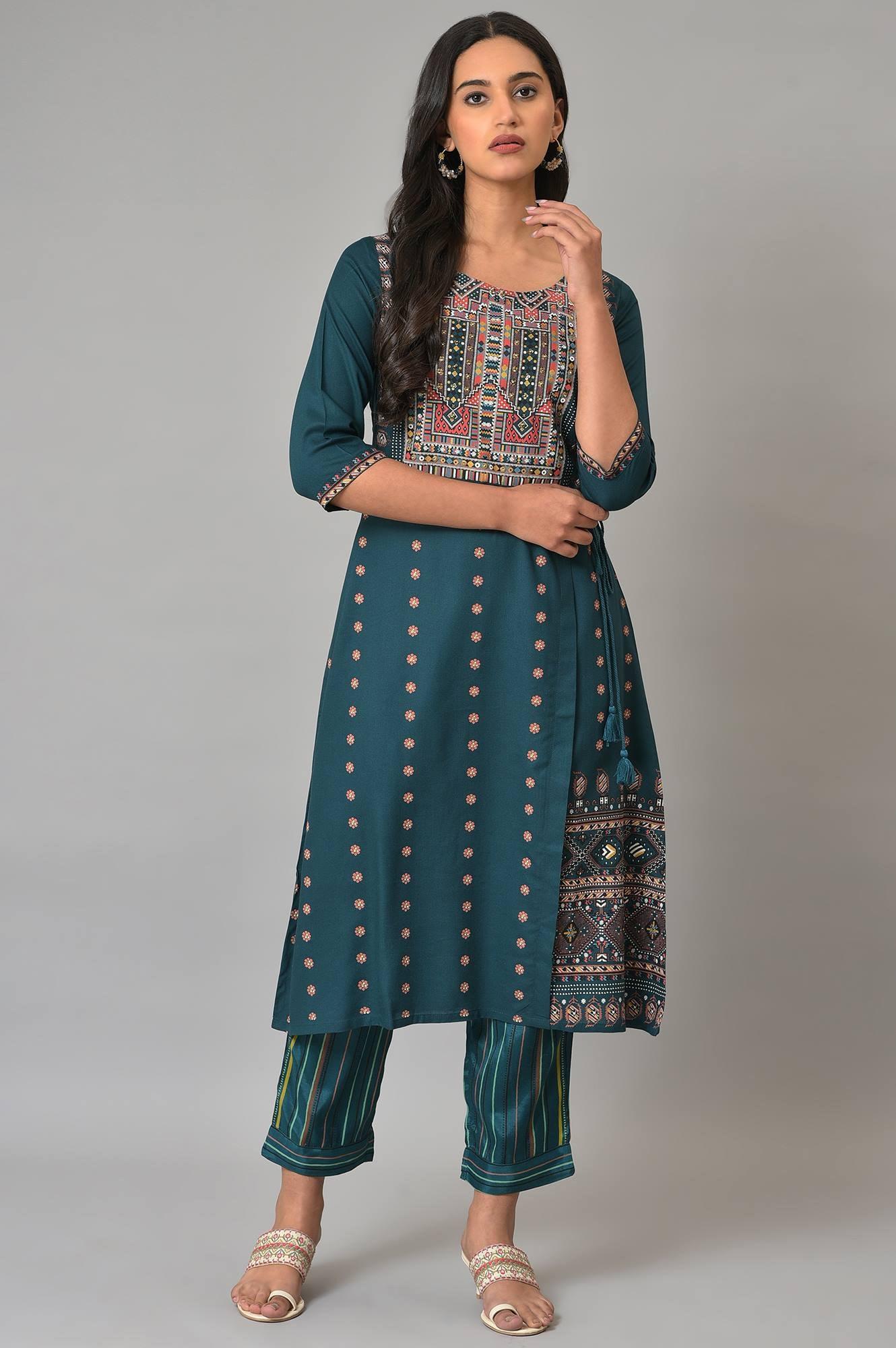 Teal Printed A-Line Mock Layer Plus Size kurta - wforwoman