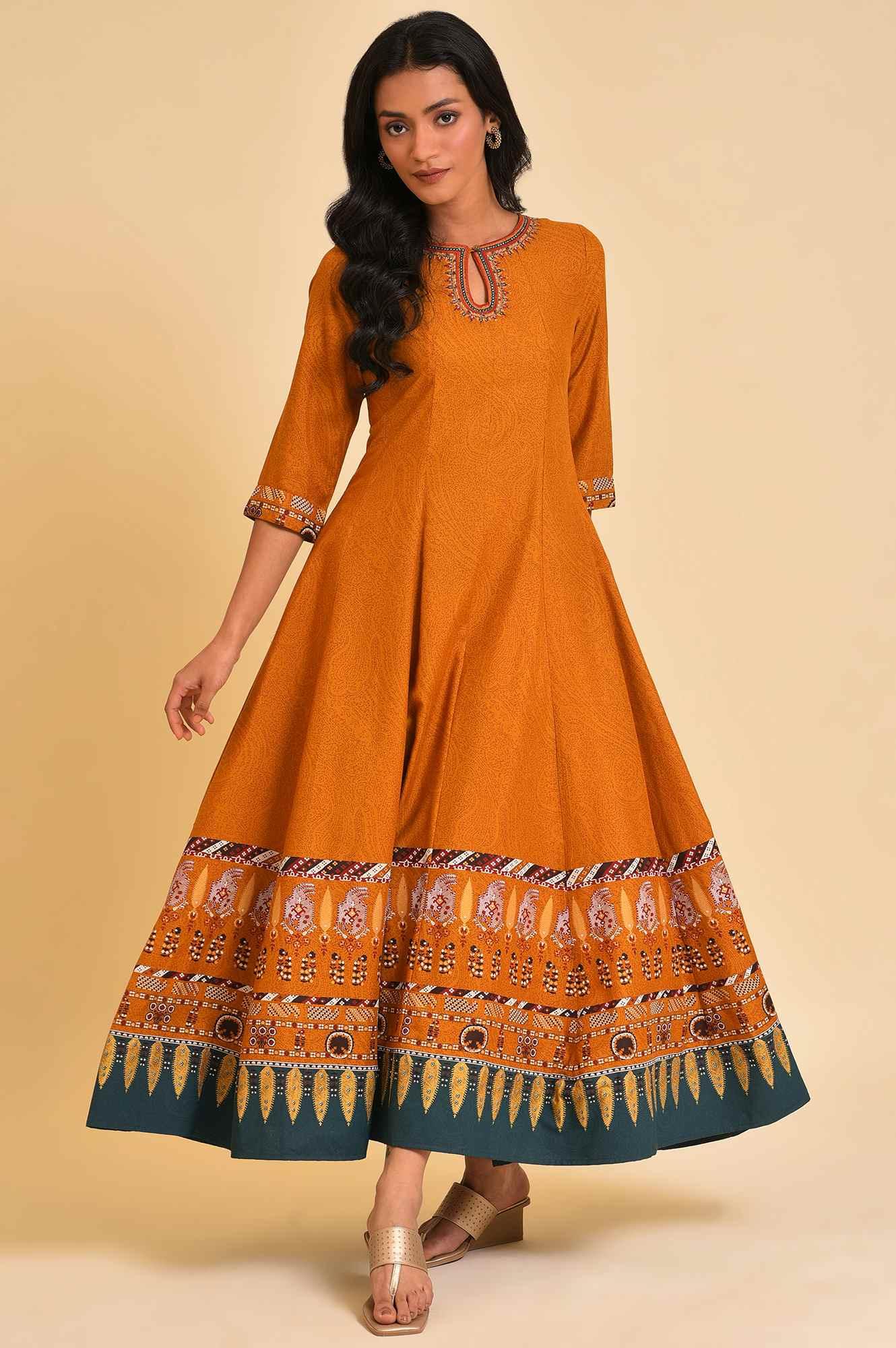 Mustard Flared Embroidered Dress - wforwoman