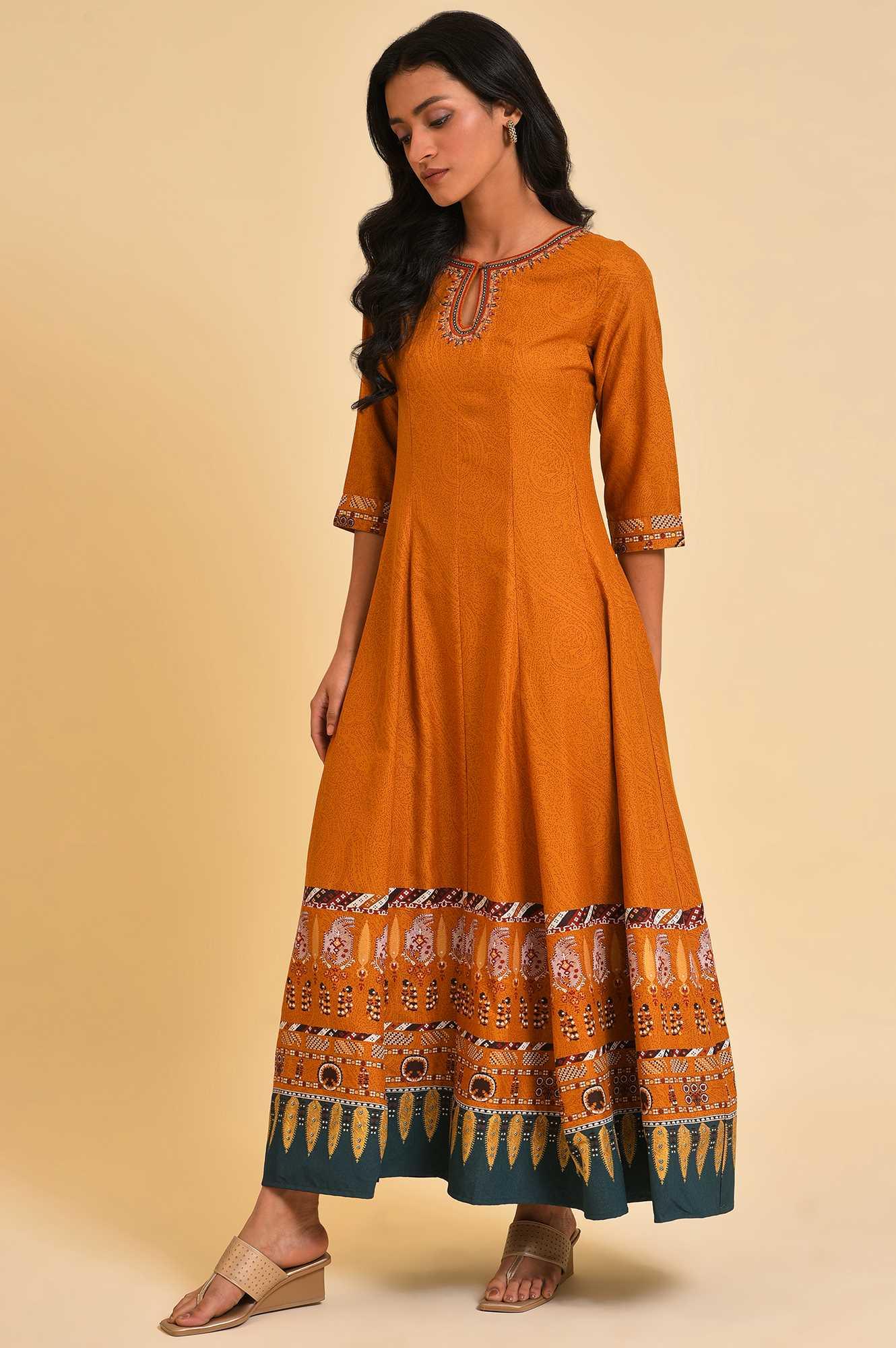 Plus Size Mustard Flared Embroidered Dress - wforwoman