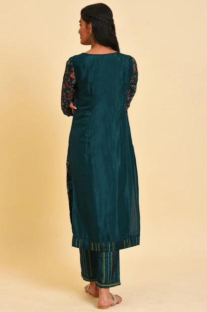 Teal Printed Embellished Neck Straight Plus Size kurta - wforwoman