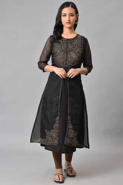 Black Kota Jacket With Solid Sleeveless kurta - wforwoman