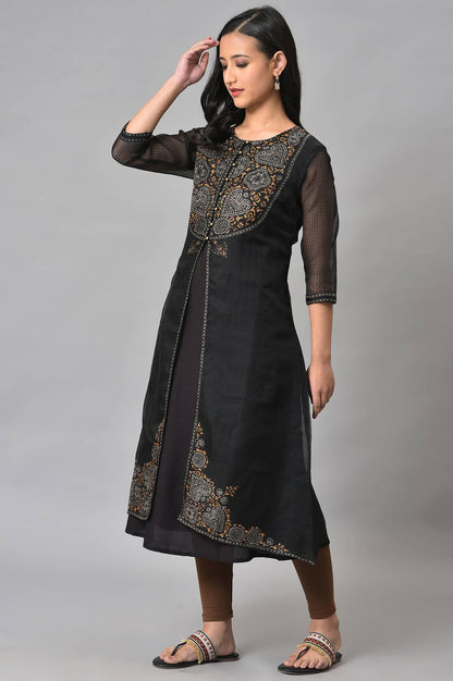 Black Kota Jacket With Solid Sleeveless kurta - wforwoman