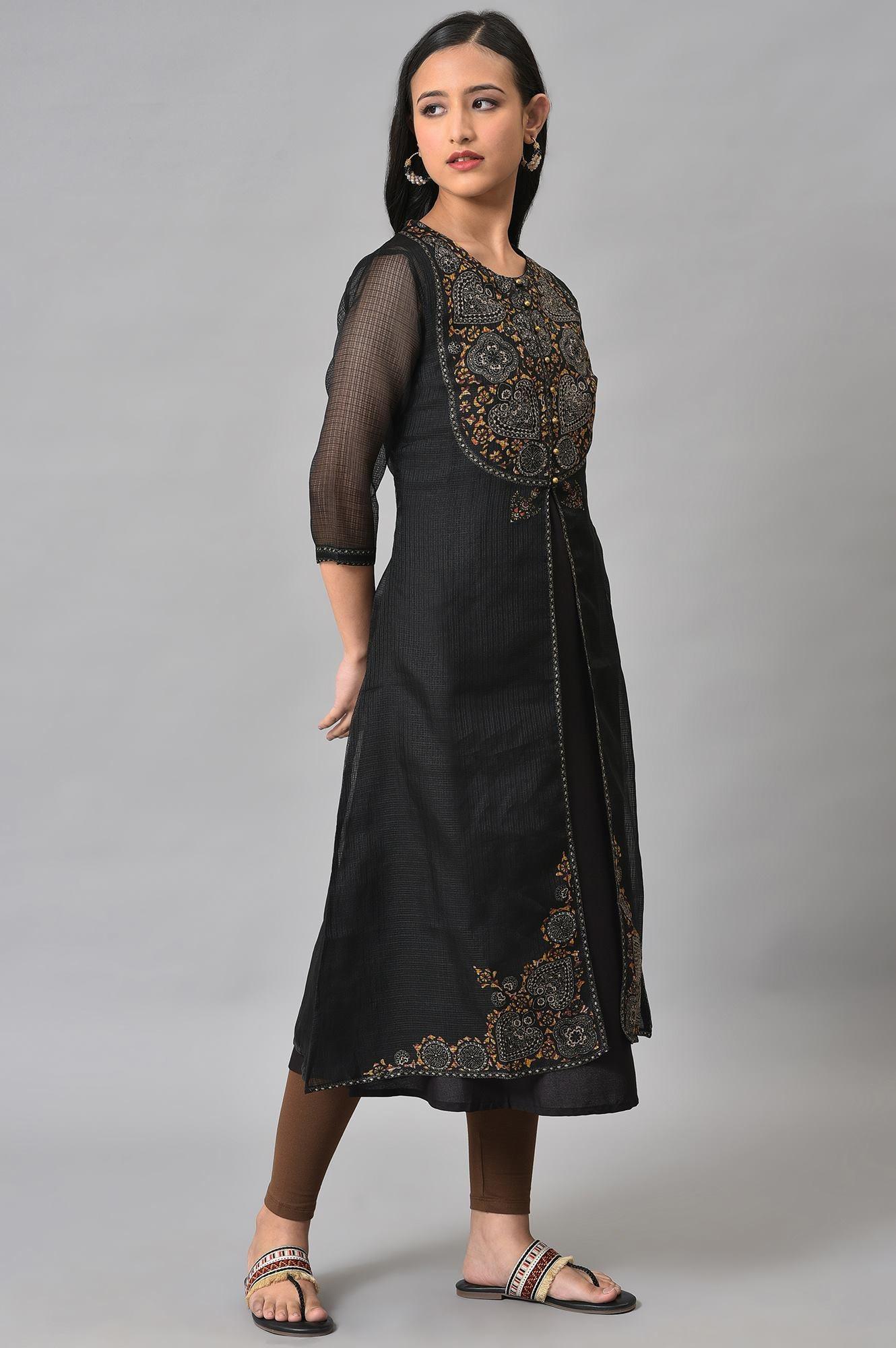 Black Kota Jacket With Solid Sleeveless kurta - wforwoman