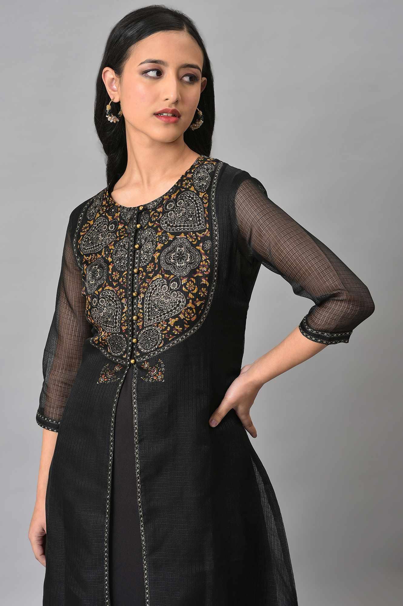 Black Kota Jacket With Solid Sleeveless kurta - wforwoman