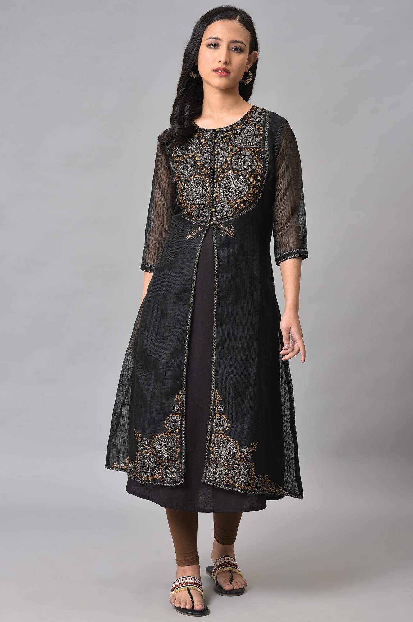 Black Kota Jacket With Solid Sleeveless kurta - wforwoman