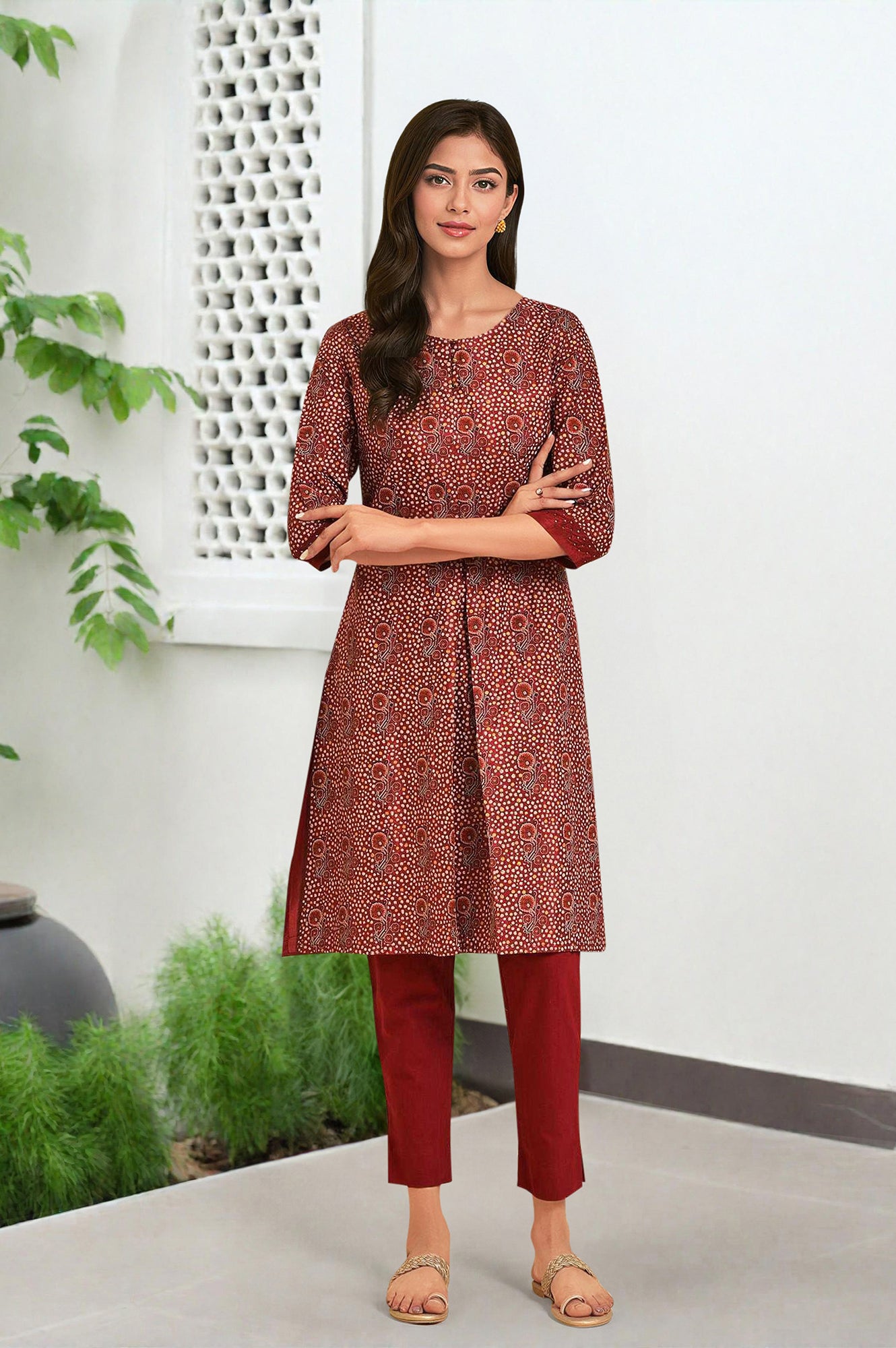 Dark Red Printed kurta With Front Pleat