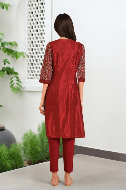 Dark Red Printed kurta With Front Pleat