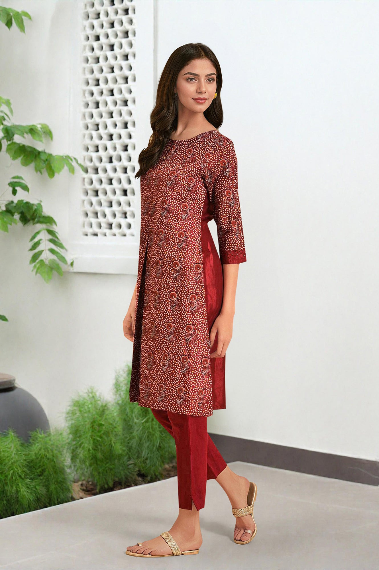 Dark Red Printed kurta With Front Pleat