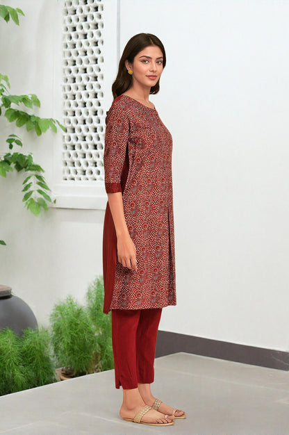 Dark Red Printed kurta With Front Pleat