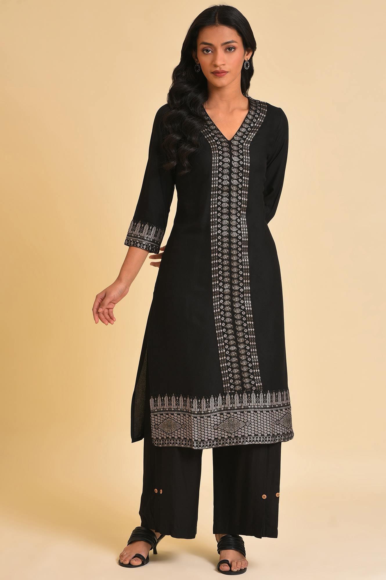 Black Placement Print A-Line Plus Size kurta - wforwoman