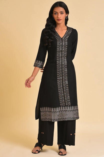 Black Placement Print A-Line Plus Size kurta - wforwoman