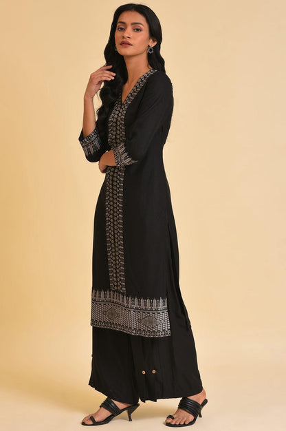 Black Placement Print A-Line Plus Size kurta - wforwoman