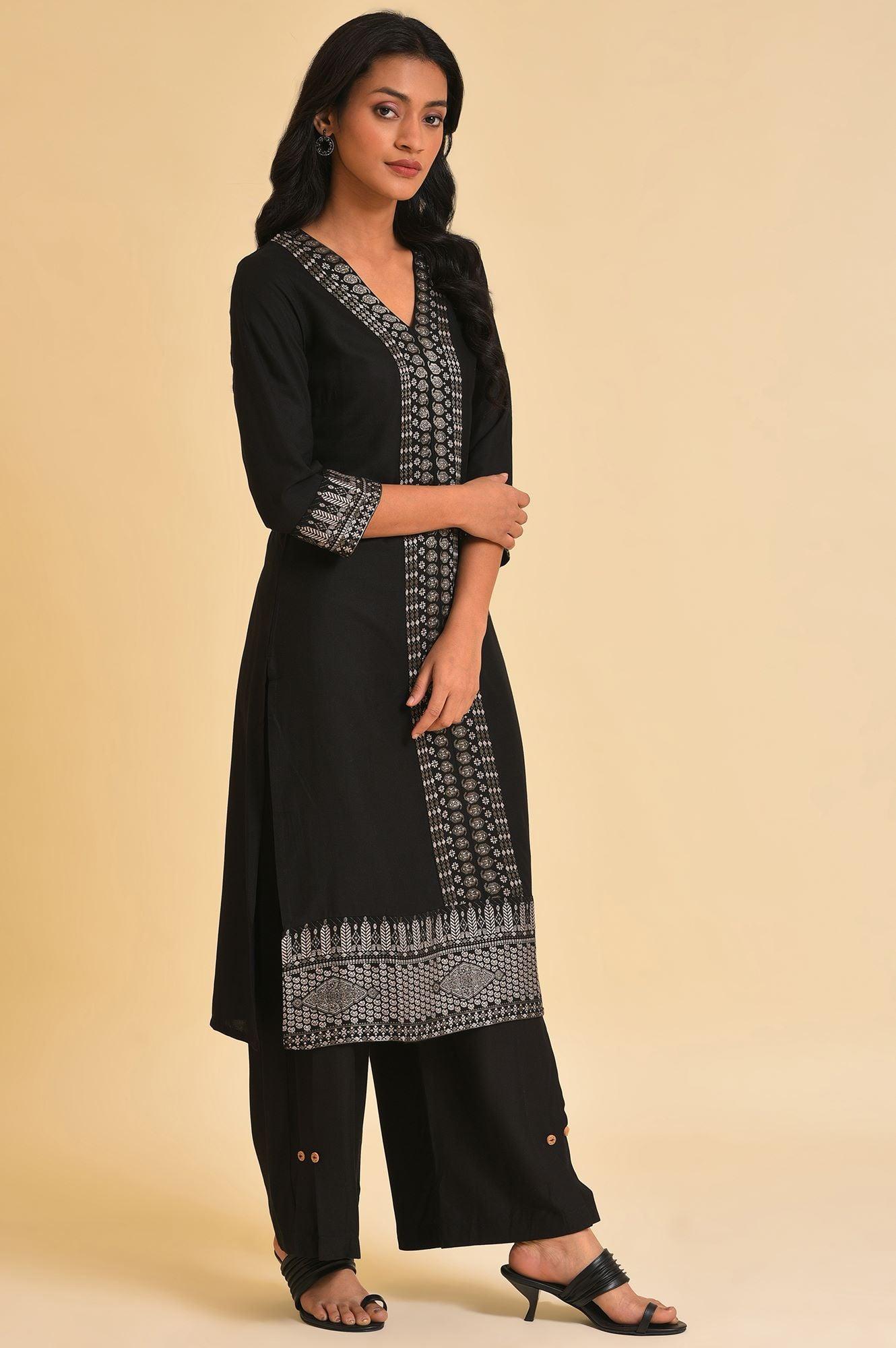 Black Placement Print A-Line Plus Size kurta - wforwoman