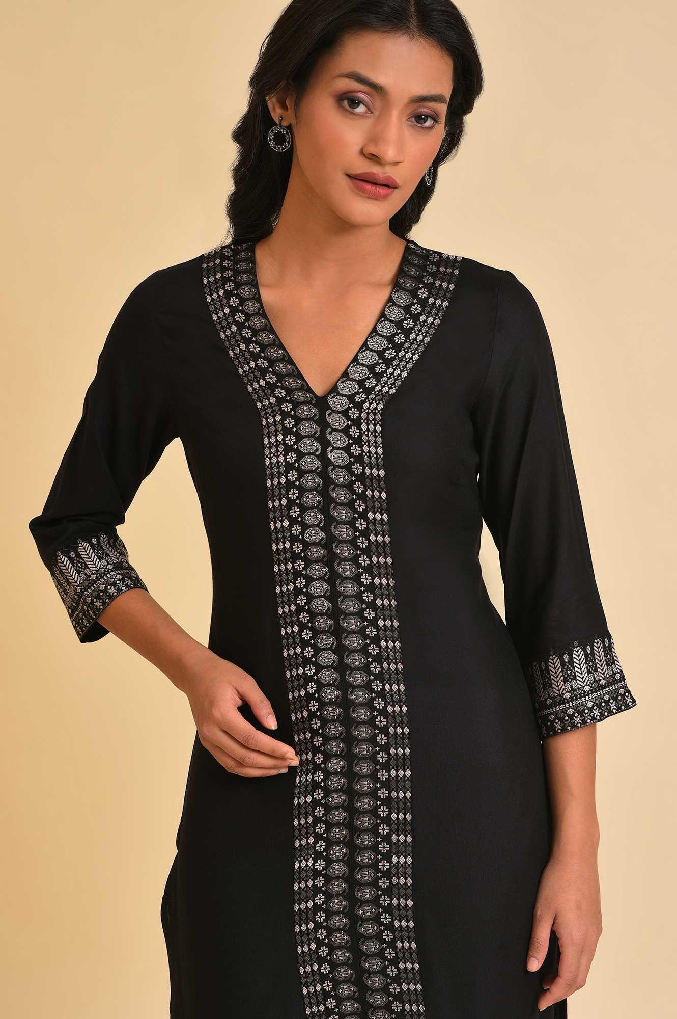 Black Placement Print A-Line Plus Size kurta - wforwoman