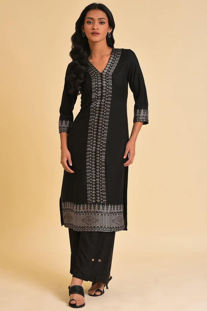 Black Placement Print A-Line Plus Size kurta - wforwoman