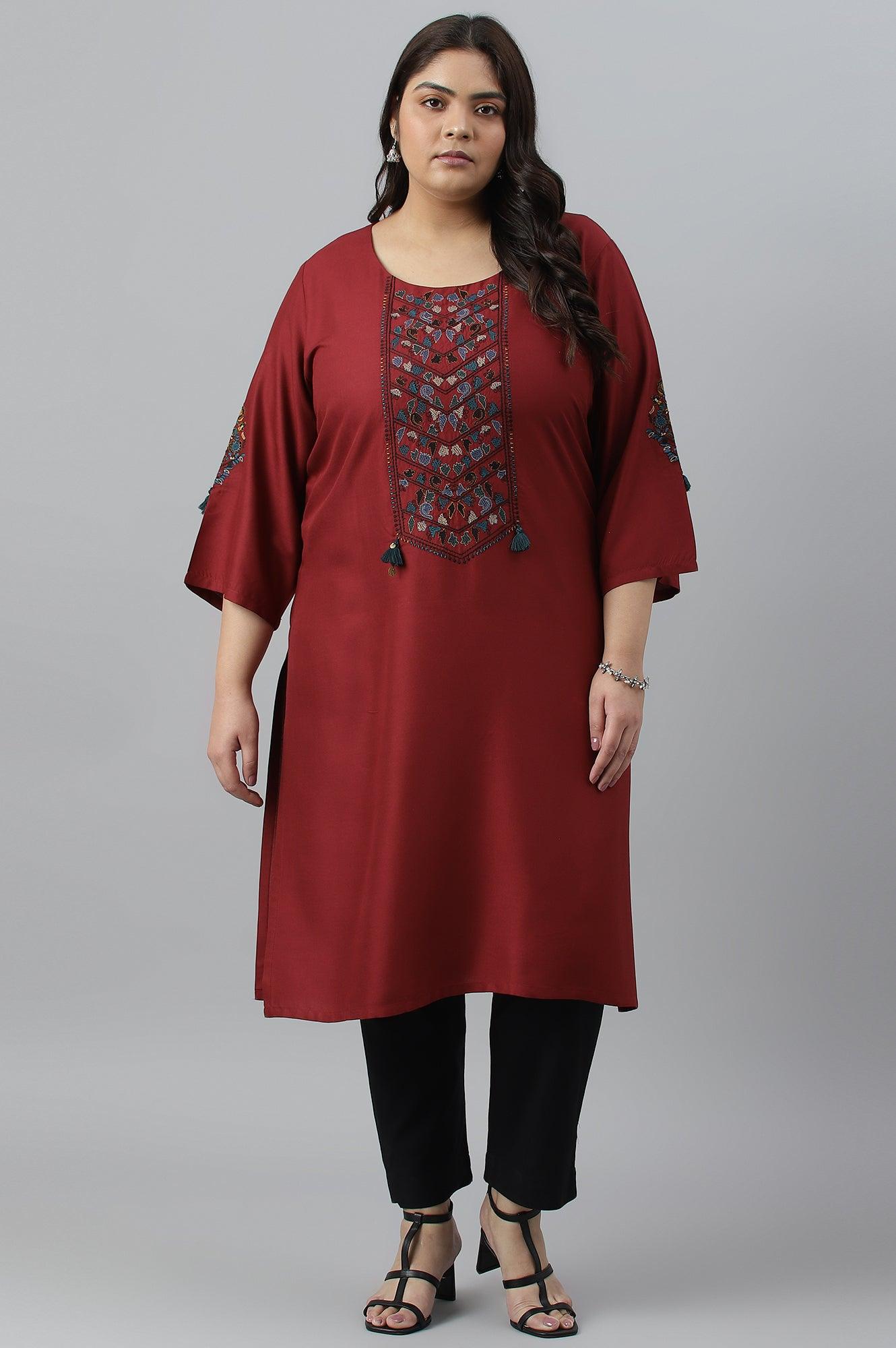 Dark Red Embroidered Plus Size kurta - wforwoman