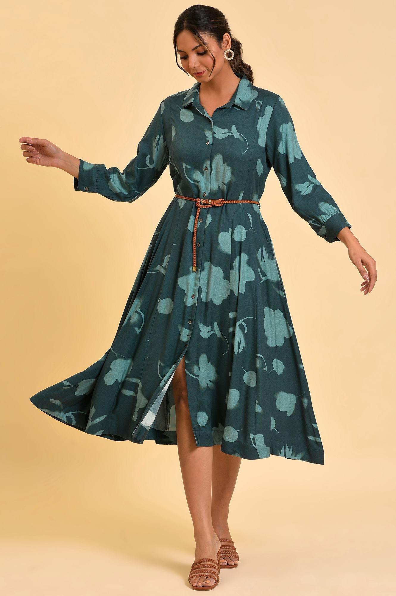 Green Floral Printed Western Dress With Belt - wforwoman