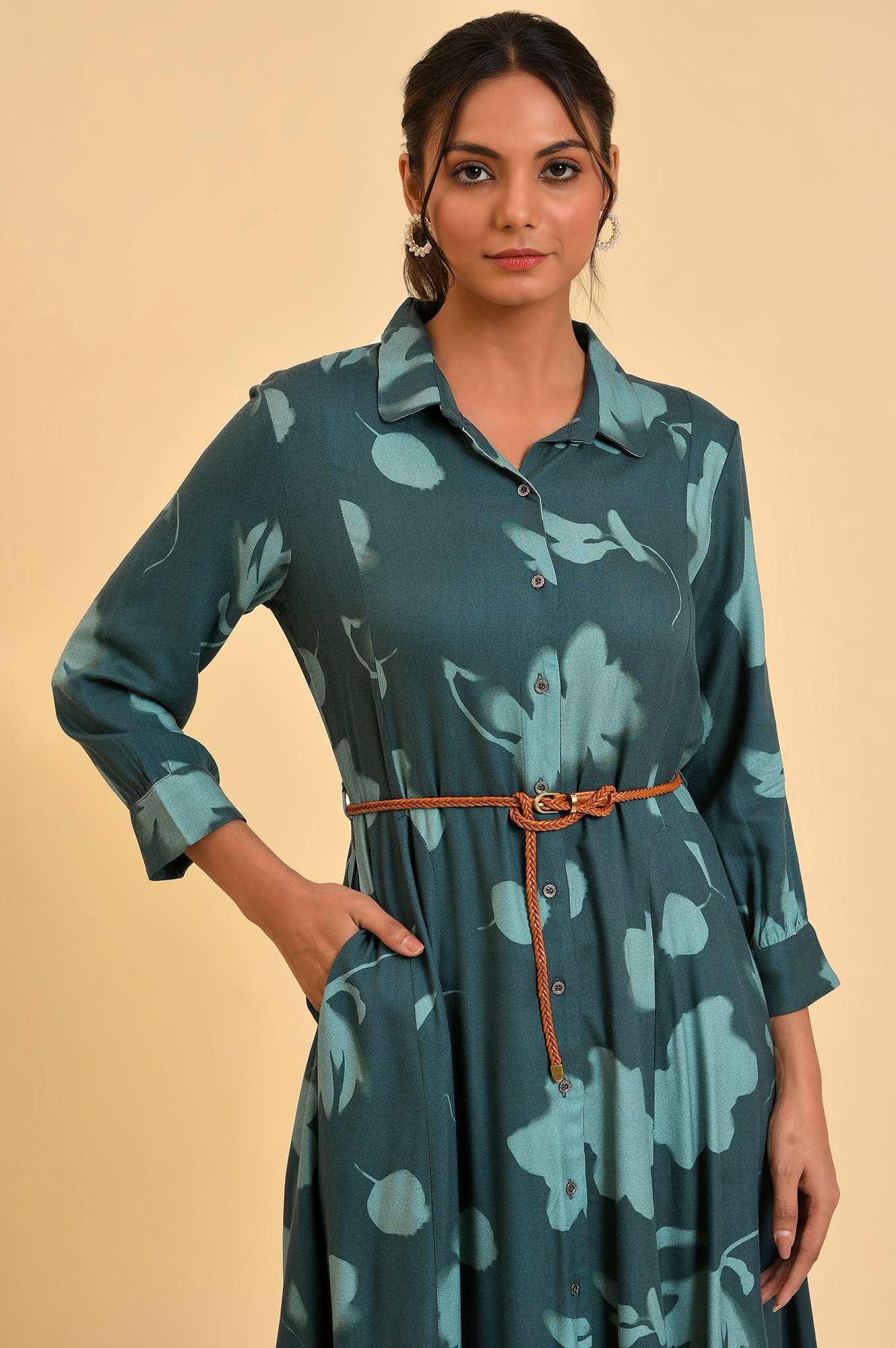 Green Floral Printed Western Dress With Belt - wforwoman