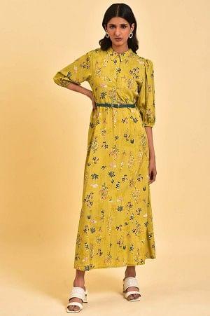 Yellow Floral Printed Long Summer Dress - wforwoman