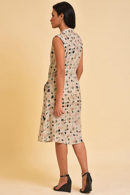 Beige Floral Printed Lapel Collar Midi Dress - wforwoman