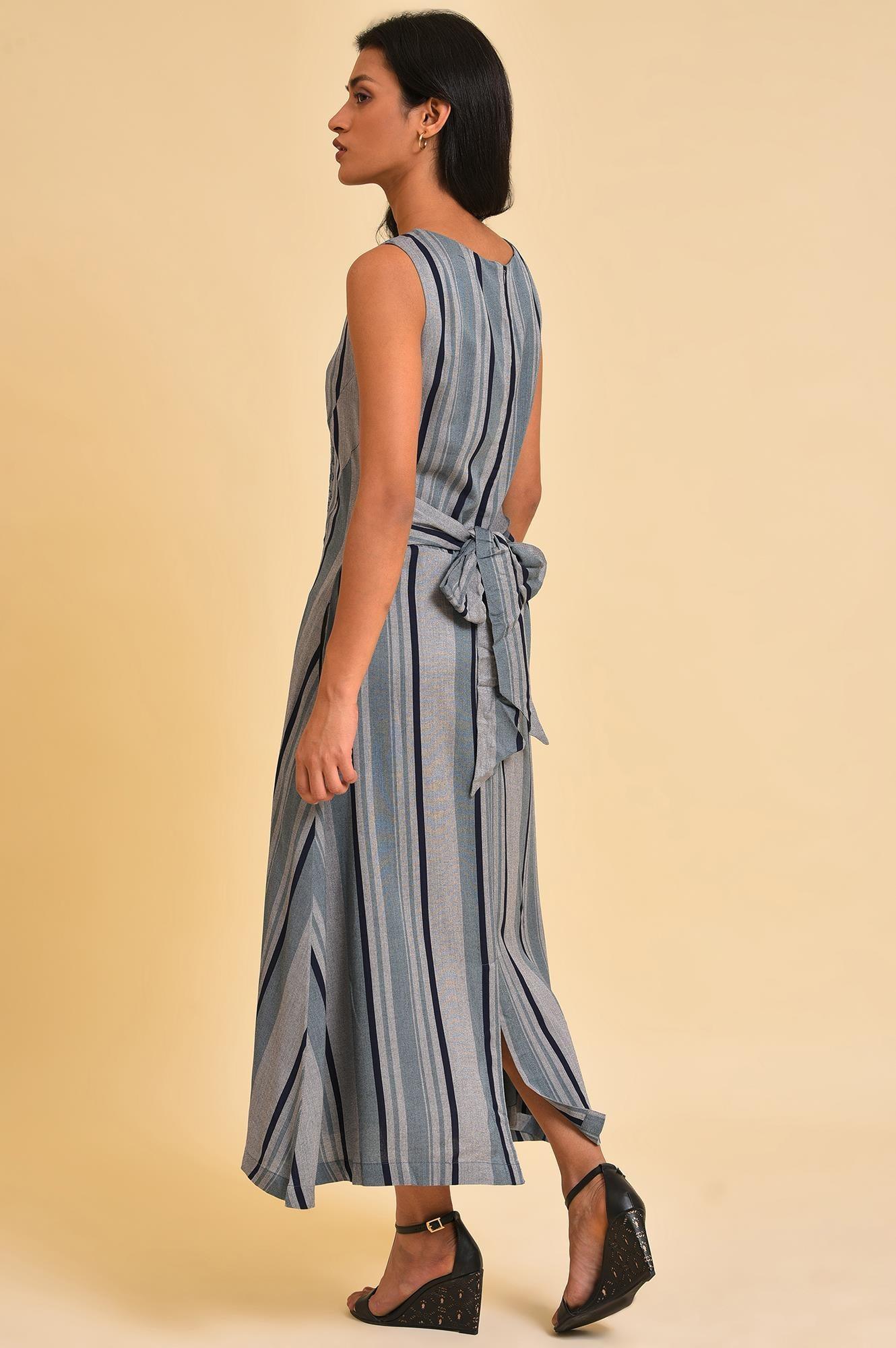 Blue Yarn Dyed Stripe Printed Embroidered Dress - wforwoman