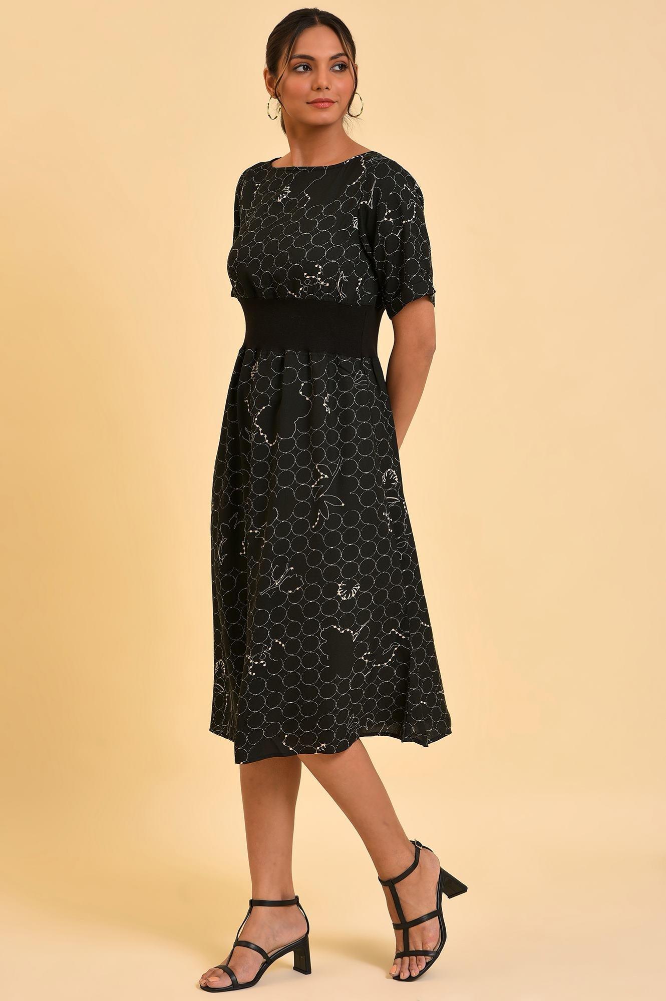 Black Geometric Print Western Dress - wforwoman