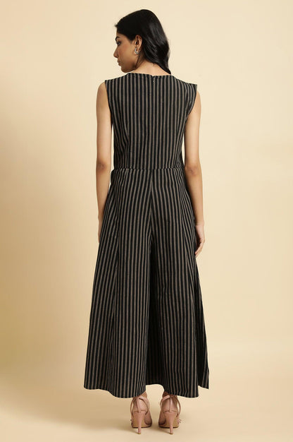 Black Striped Yarn Dyed Sleeveless Wrap Jumpsuit - wforwoman