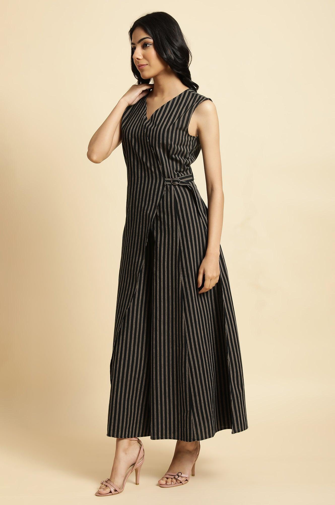 Black Striped Yarn Dyed Sleeveless Wrap Jumpsuit - wforwoman