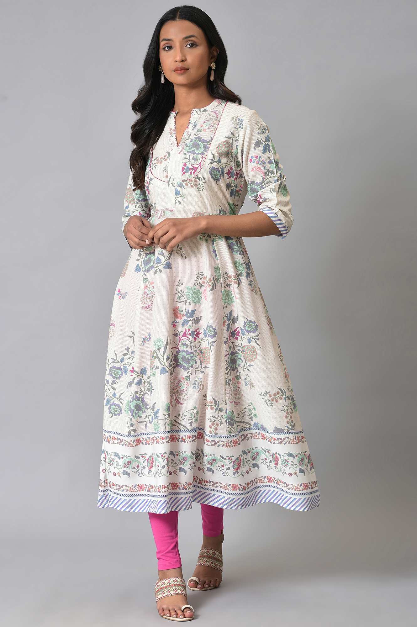 Ecru Floral Printed Flared kurta