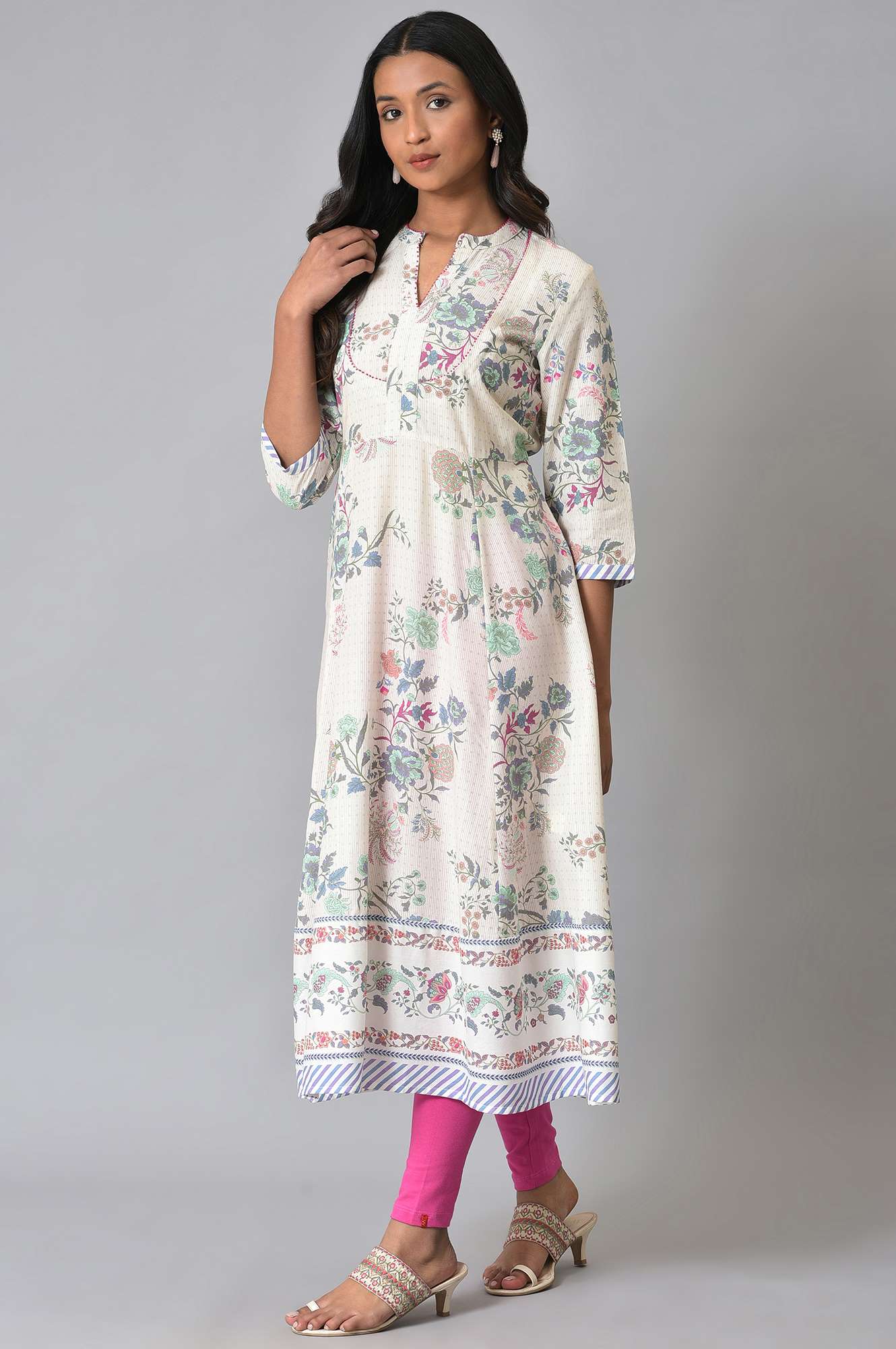 Ecru Floral Printed Flared kurta