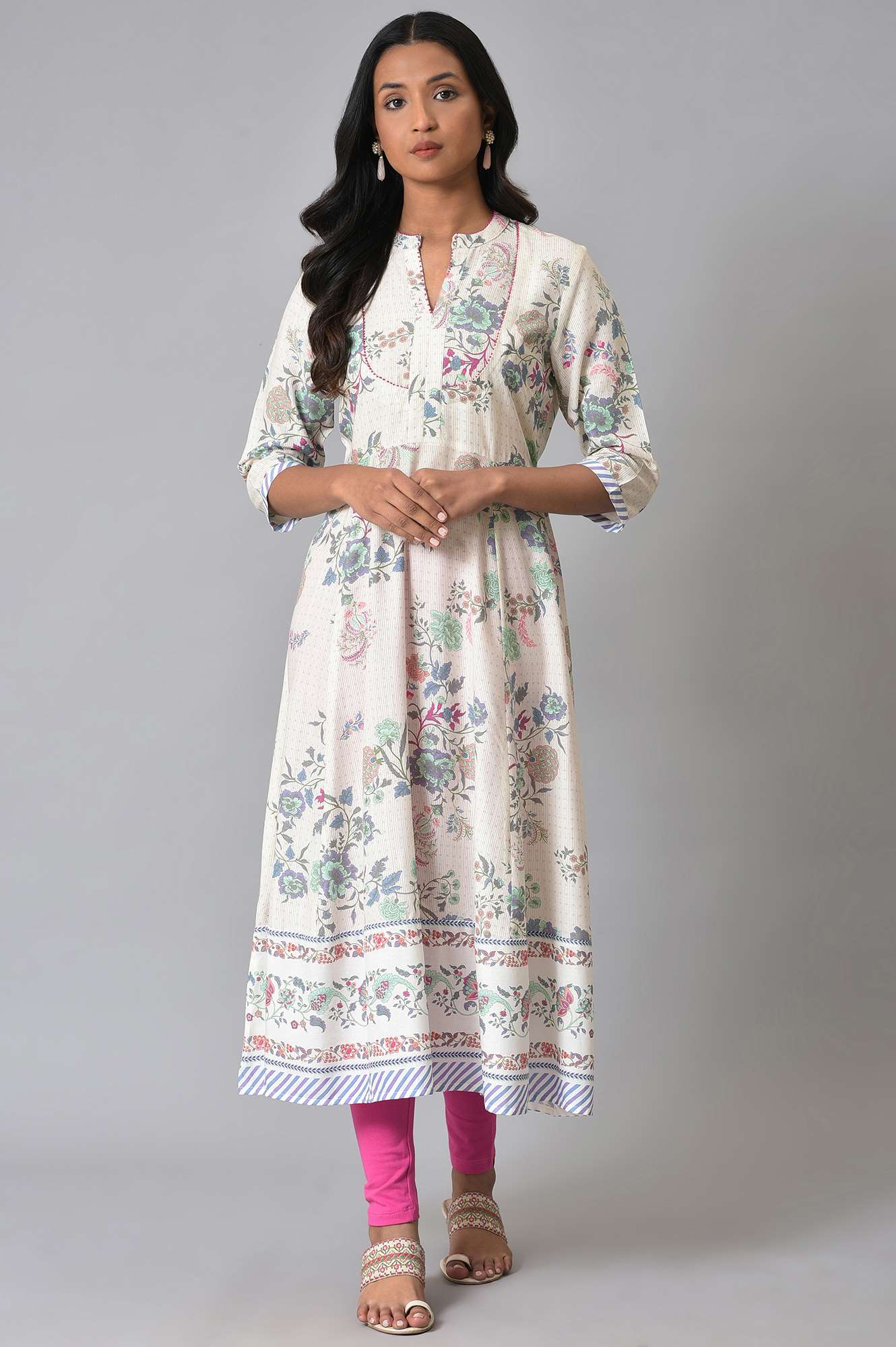 Ecru Floral Printed Flared kurta