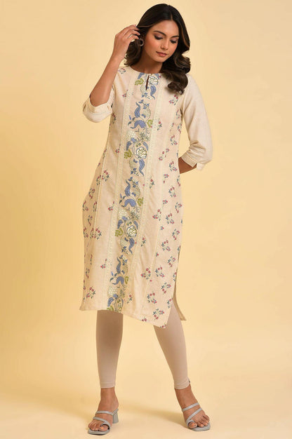 Ecru Floral Printed kurta With Lace Detailing - wforwoman