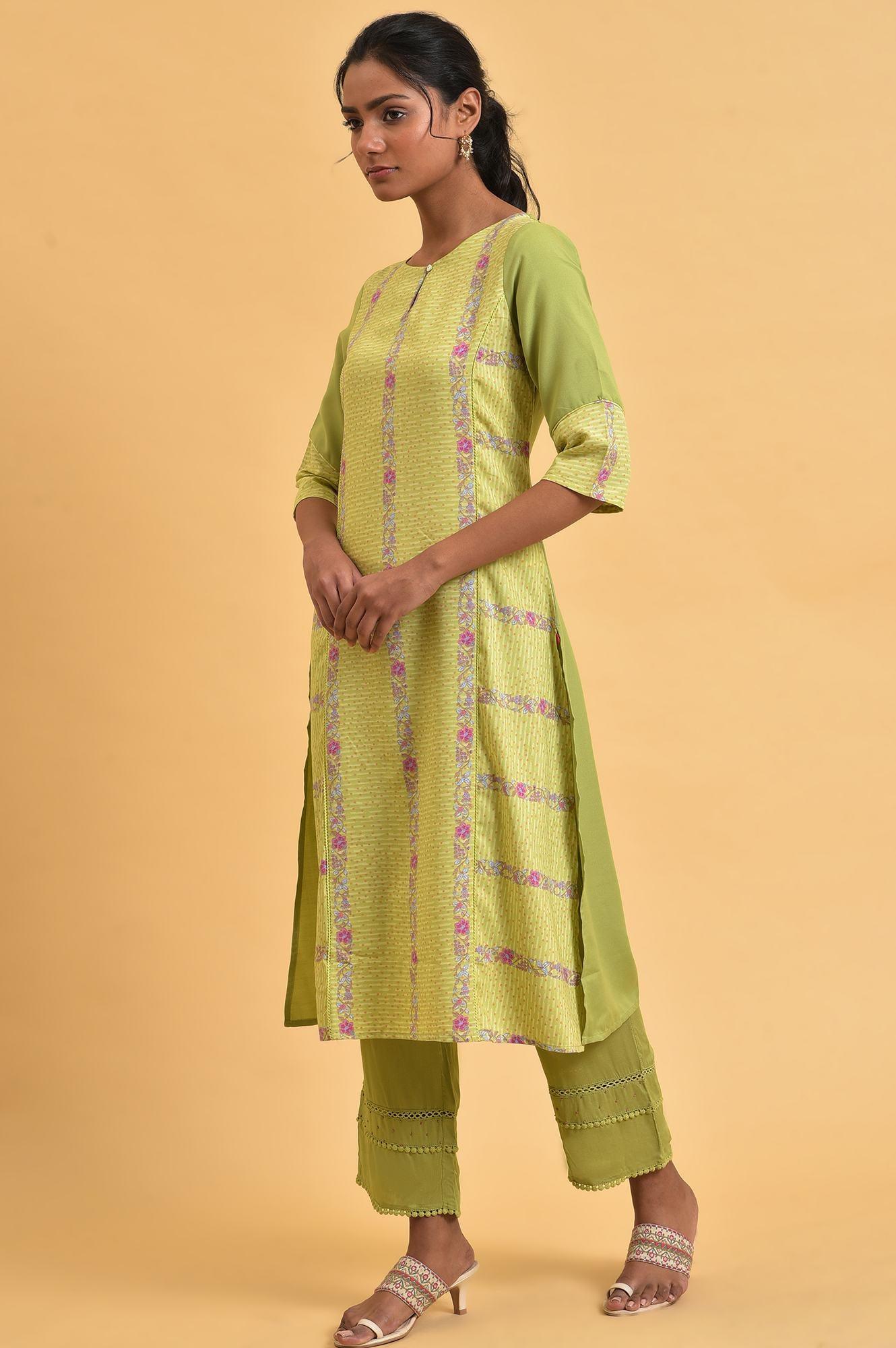 Green Floral Printed Straight Plus Size Summer kurta - wforwoman
